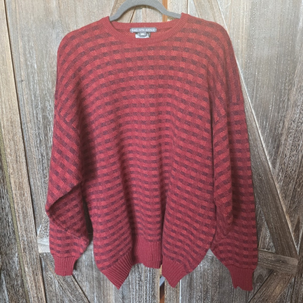 Saks Fifth Avenue Sweater Mens Size XXL Dark Red Navy Stripe Check Cashmere Wool